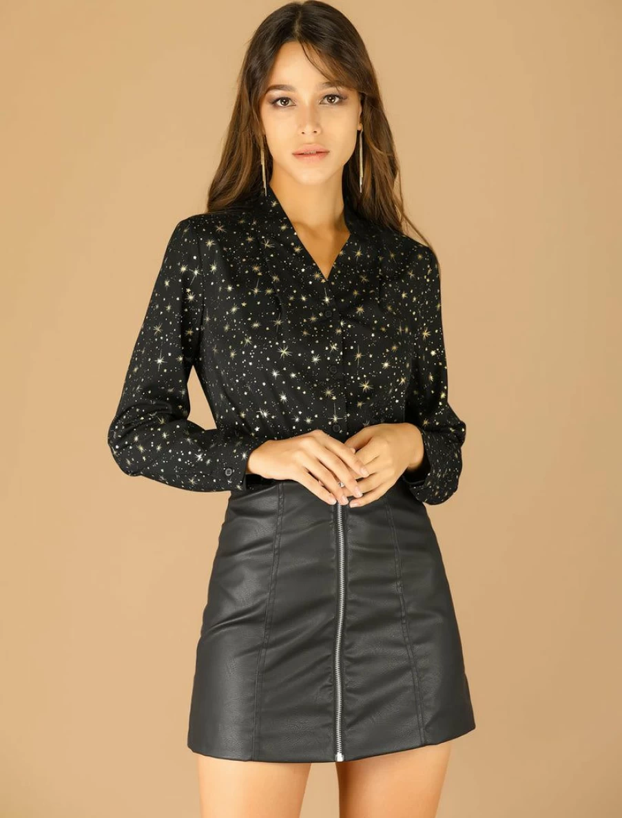Women's Metallic Dots & Stars Stand Collar Long Sleeve Blouse Top - Elegant Party & Casual Wear