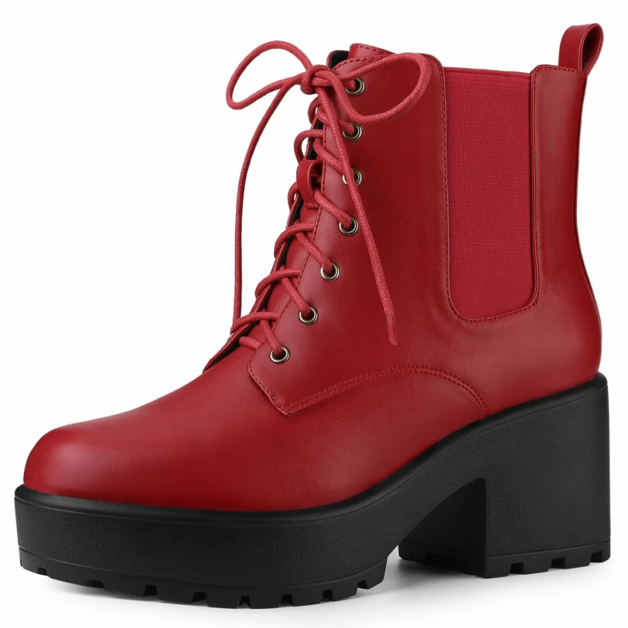 Allegra K Women's Chunky Chelsea Boots Lace-Up Ankle Combat Boots with Platform Sole