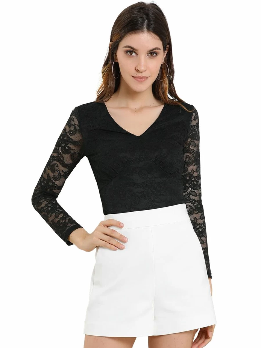 Elegant Black V-Neck Lace Blouse for Women - Long Sleeve Slim Fit Lined Top