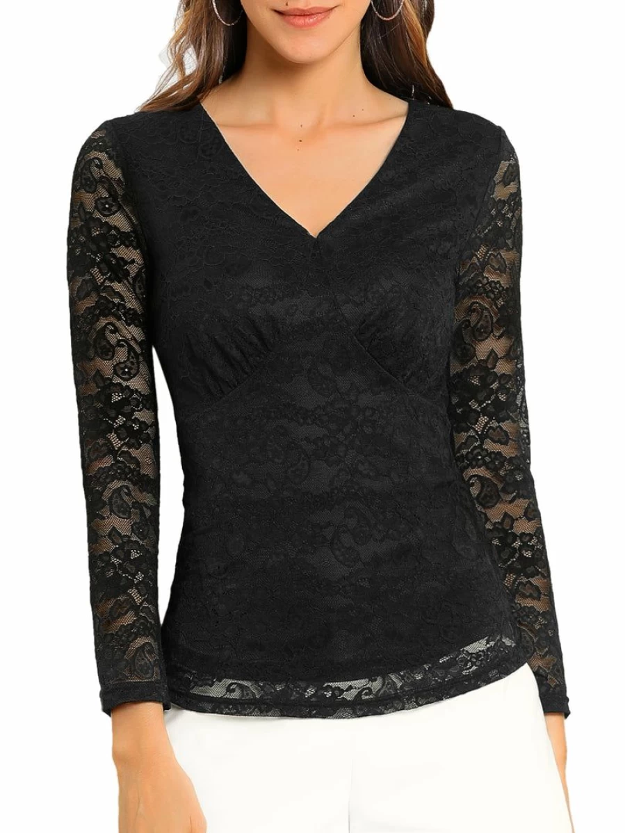 Elegant Black V-Neck Lace Blouse for Women - Long Sleeve Slim Fit Lined Top
