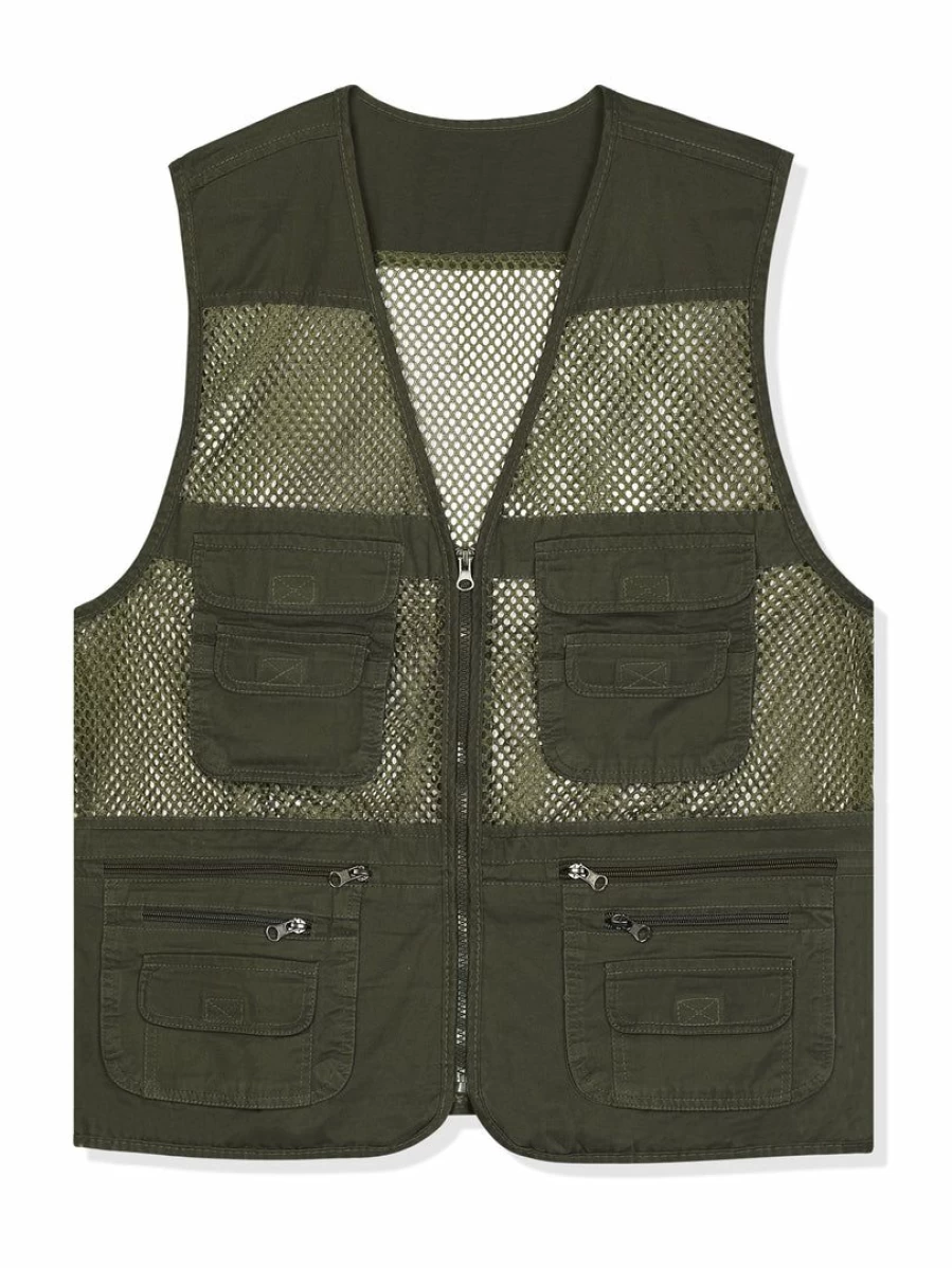 Men's Lightweight Mesh Cargo Vest Sleeveless Jacket with Zipper and Pockets for Outdoor Safari