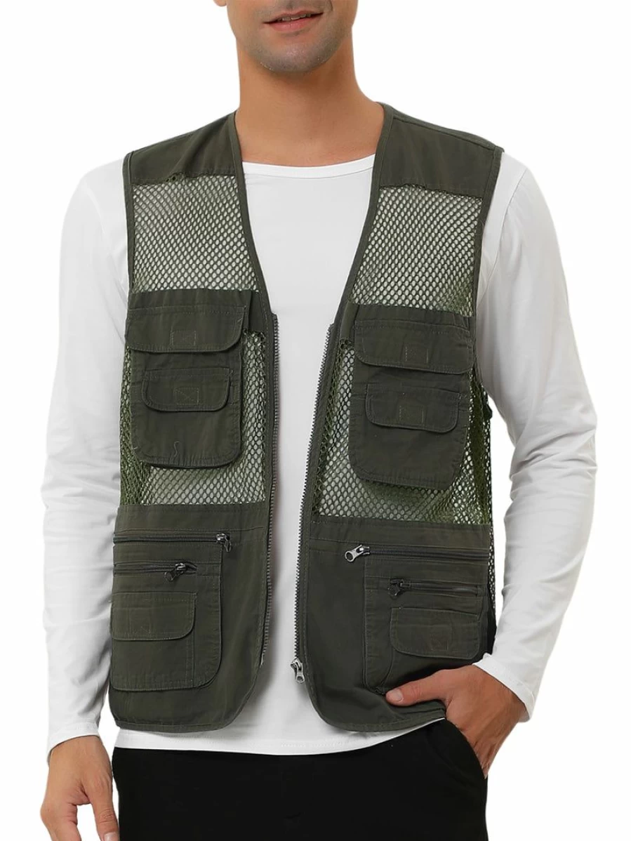 Men's Lightweight Mesh Cargo Vest Sleeveless Jacket with Zipper and Pockets for Outdoor Safari
