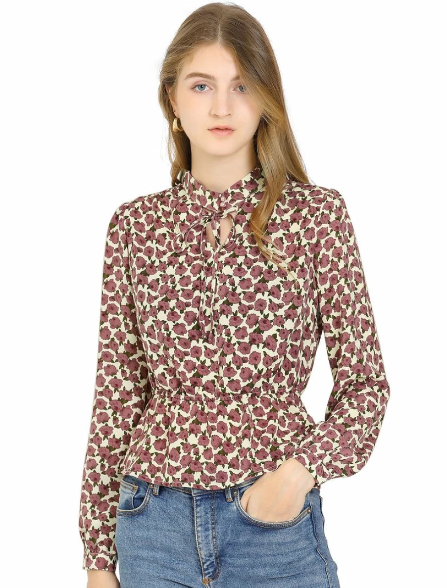 Vintage White Floral Peplum Top with Keyhole Neckline and Puff Sleeves