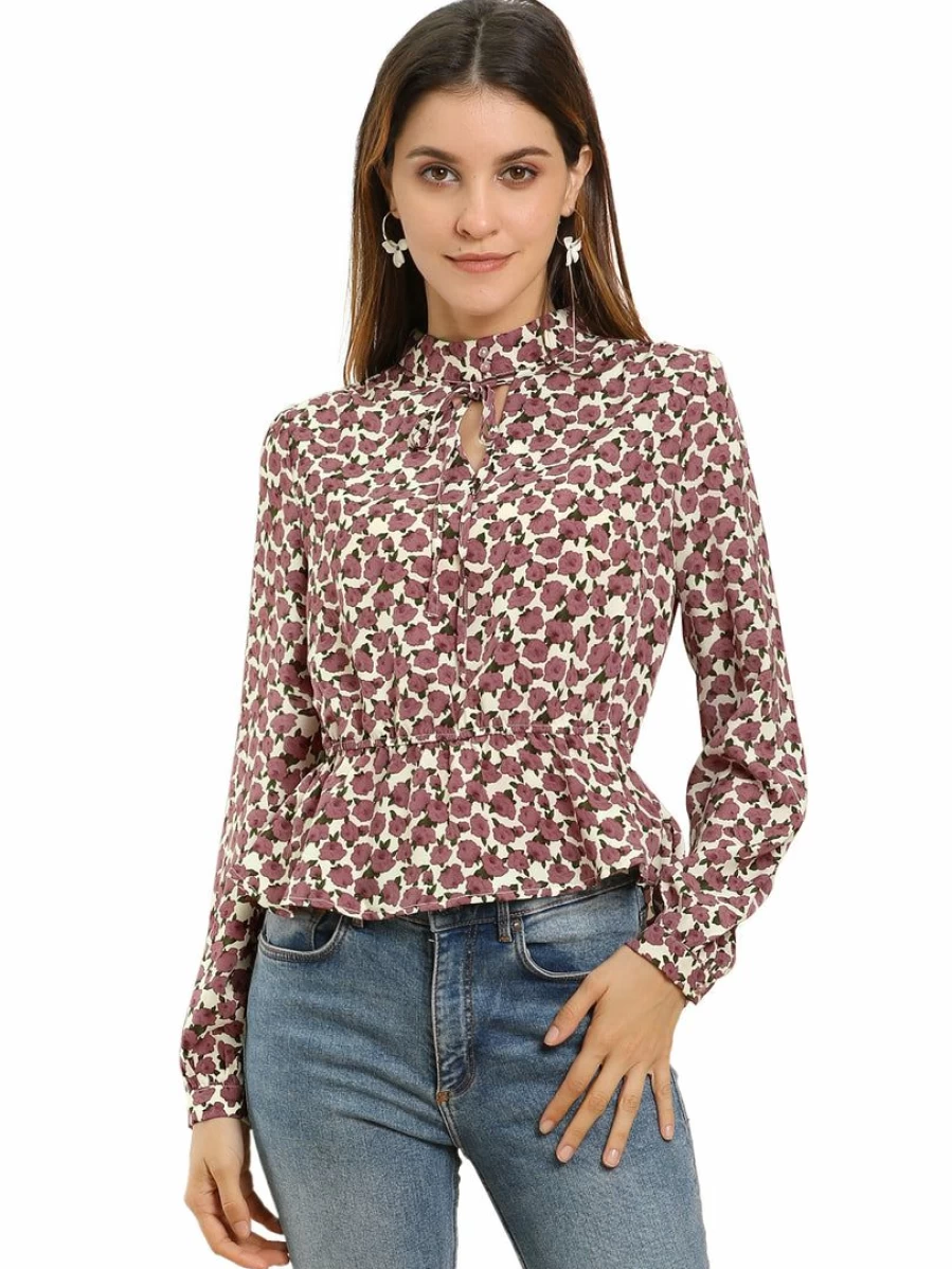 Vintage White Floral Peplum Top with Keyhole Neckline and Puff Sleeves