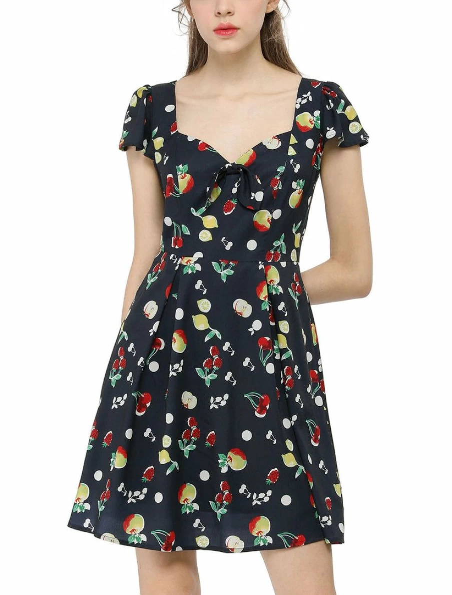 Dark Blue Floral Print Sweetheart Neckline Cap Sleeves Summer Dress for Women