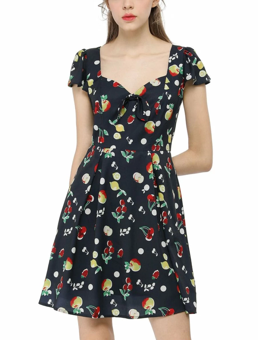 Dark Blue Floral Print Sweetheart Neckline Cap Sleeves Summer Dress for Women