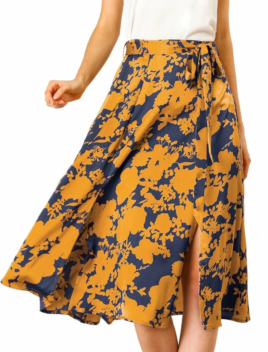 Women's Floral Print A-Line Midi Skirt with High Elastic Waist and Side Slit