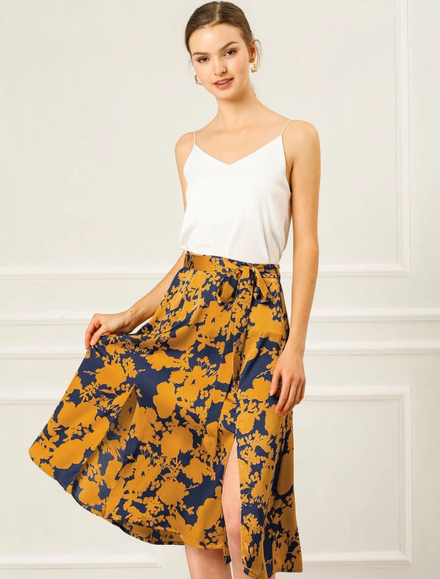 Women's Floral Print A-Line Midi Skirt with High Elastic Waist and Side Slit