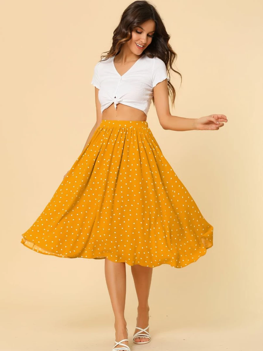 Women's Polka Dot A-Line Midi Skirt with Elastic Waistband