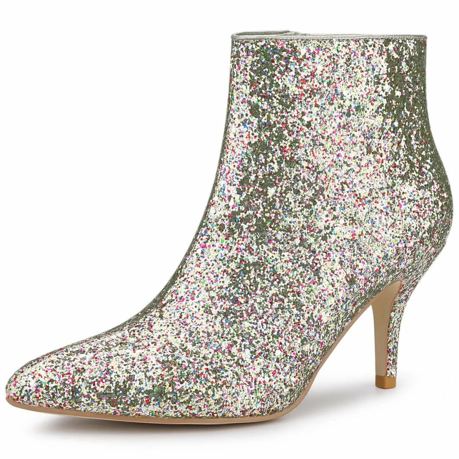Women's Glitter Ankle Boots Pointed Toe Stiletto Heels Fashion Party Dress Shoes
