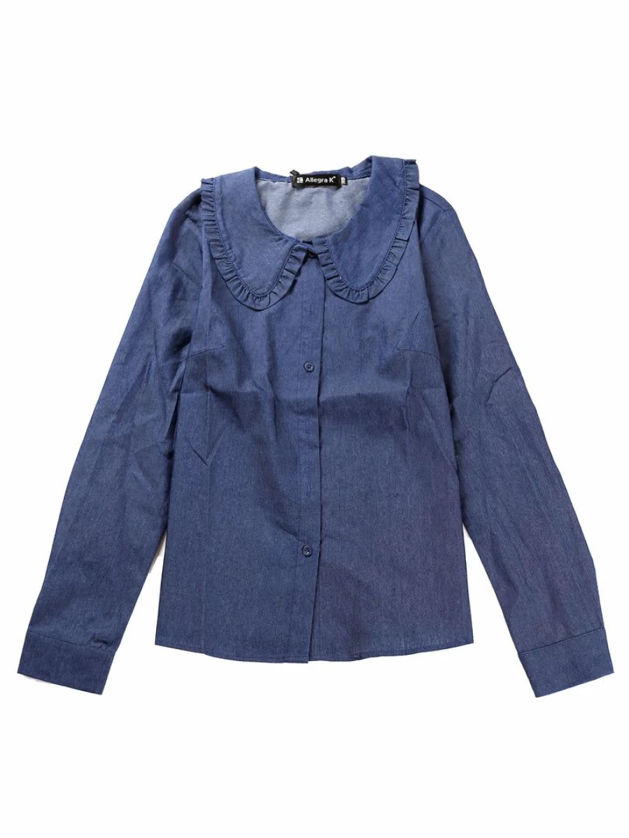 Allegra K Women's Dark Blue Denim Shirt with Peter Pan Collar and Ruffled Button Down Design