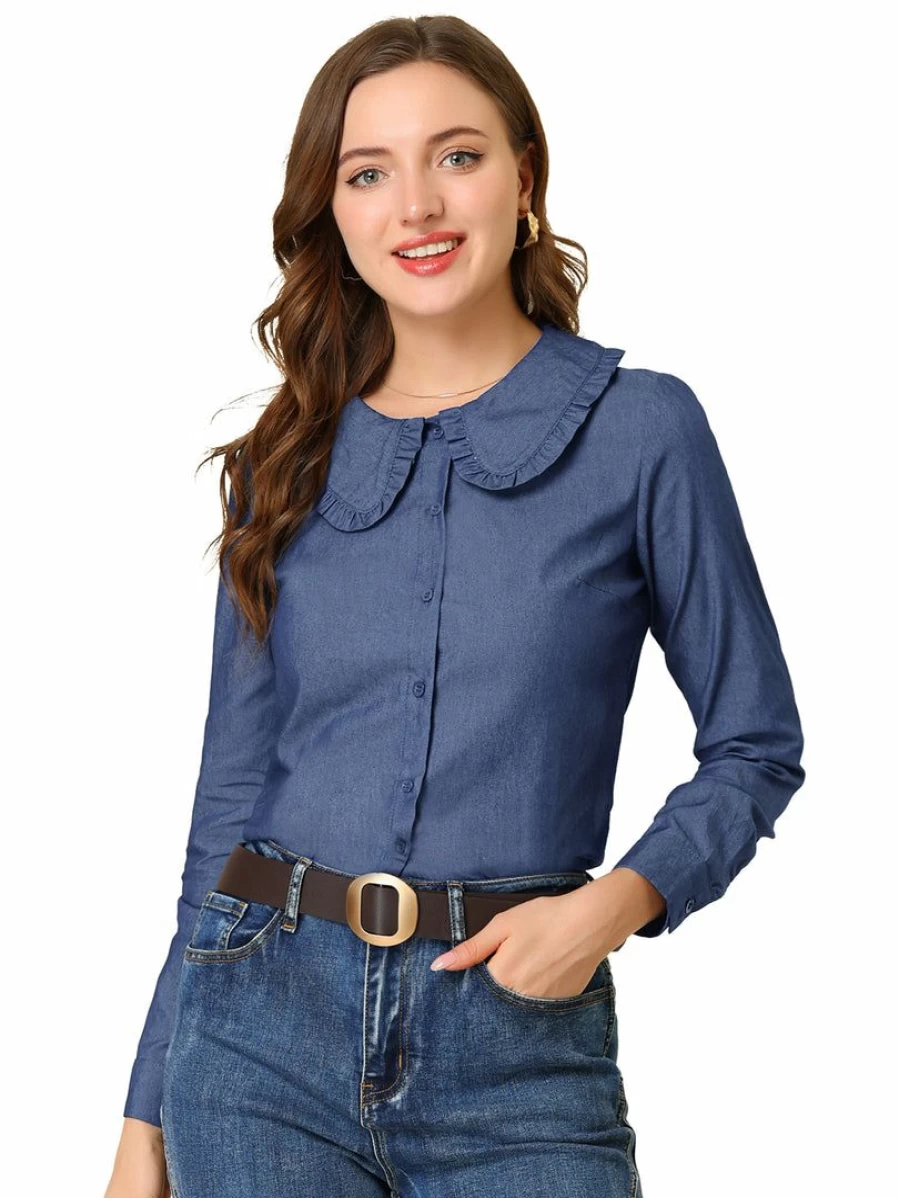 Allegra K Women's Dark Blue Denim Shirt with Peter Pan Collar and Ruffled Button Down Design