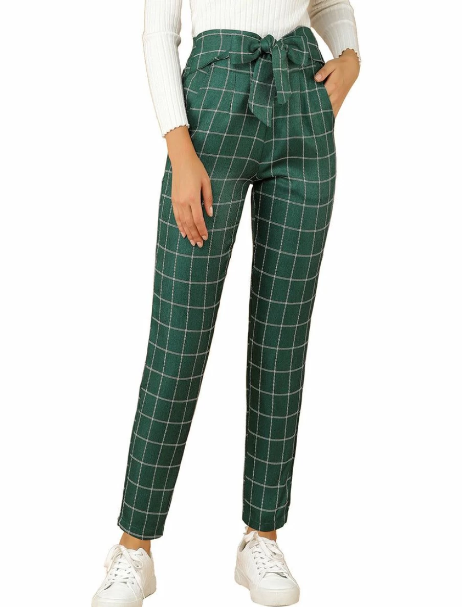 Allegra K Women's Green Plaid High Waist Straight Pants with Elastic Waistband & Self-Tie Belt