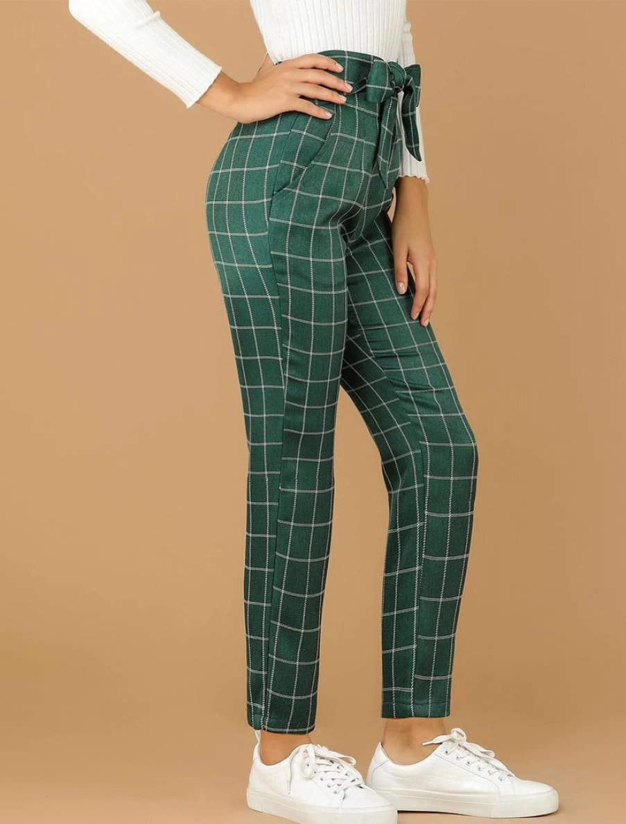 Allegra K Women's Green Plaid High Waist Straight Pants with Elastic Waistband & Self-Tie Belt