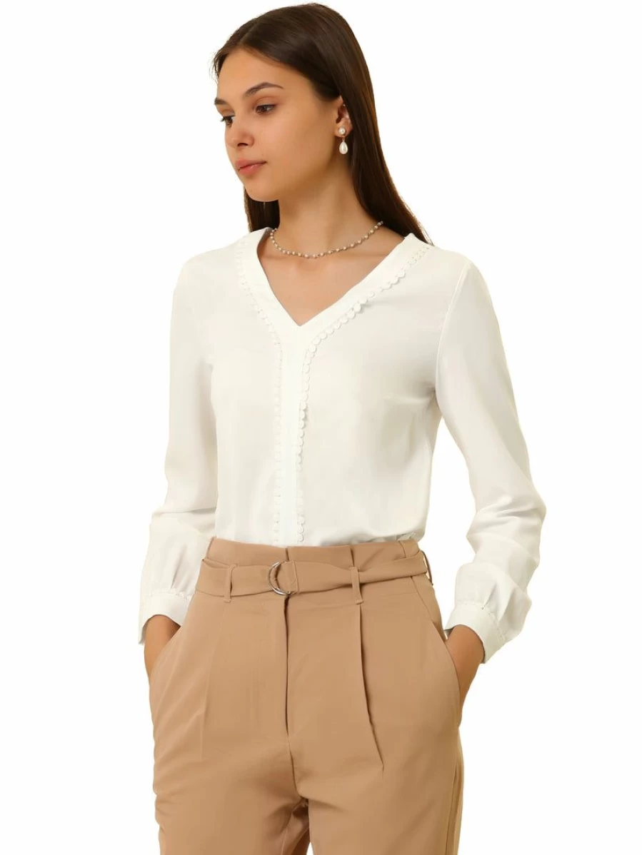 Women's White Long Sleeve Lace Trim V-Neck Blouse for Casual & Career Wear