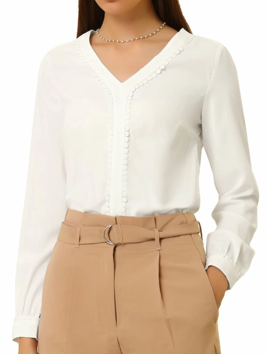 Women's White Long Sleeve Lace Trim V-Neck Blouse for Casual & Career Wear