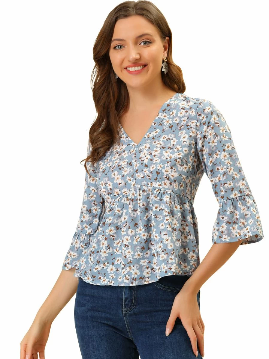 Blue Floral Print V-Neck Babydoll Blouse with Bell Sleeves & Peplum Hem