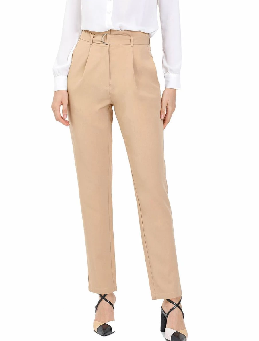 Allegra K Women's Khaki High Waist Straight Leg Pants with Belt and Pockets