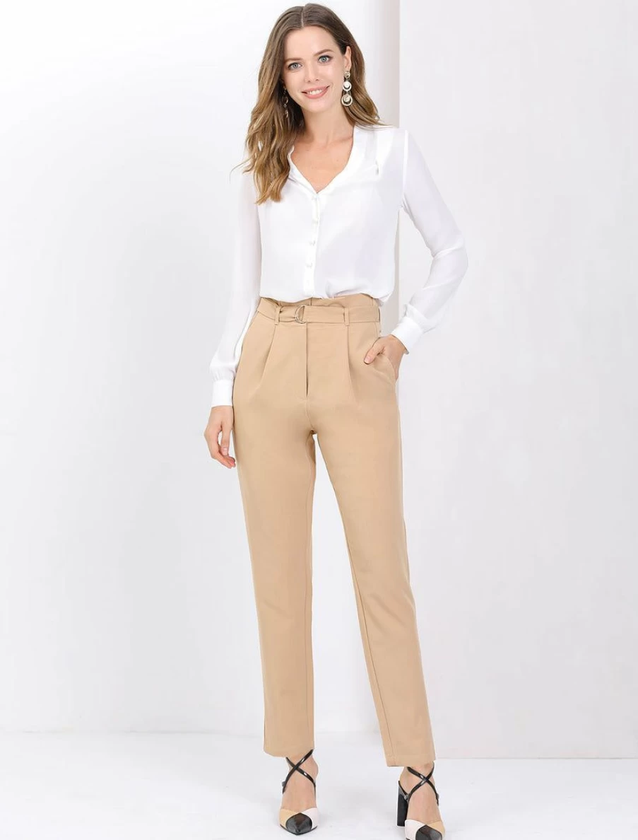 Allegra K Women's Khaki High Waist Straight Leg Pants with Belt and Pockets