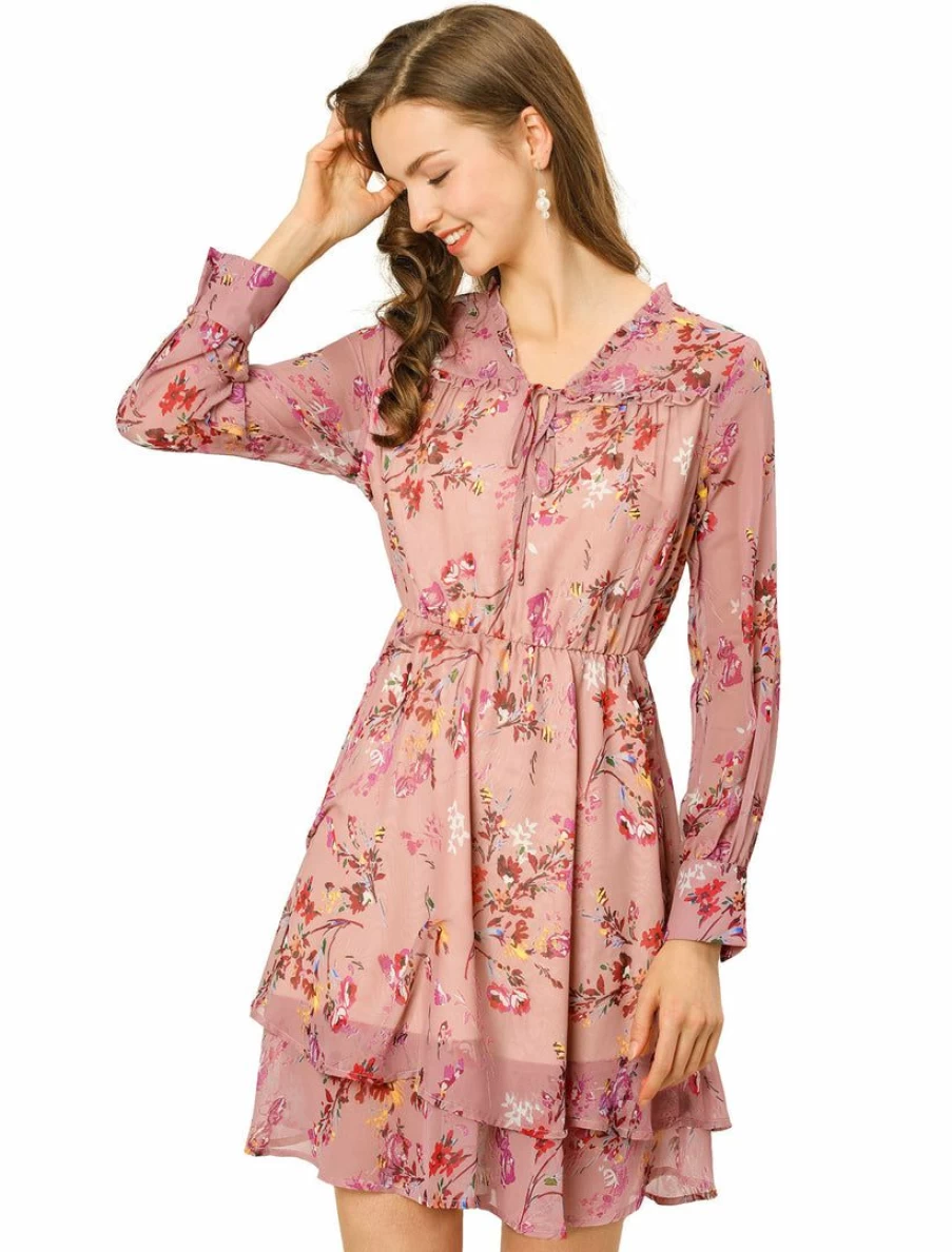 Vintage Floral Chiffon Mini Dress for Women with Ruffled Layered V-Neck Design