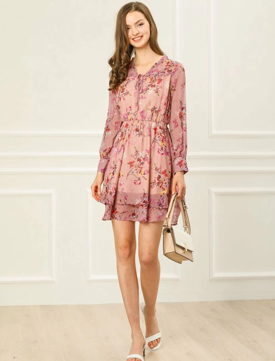 Vintage Floral Chiffon Mini Dress for Women with Ruffled Layered V-Neck Design