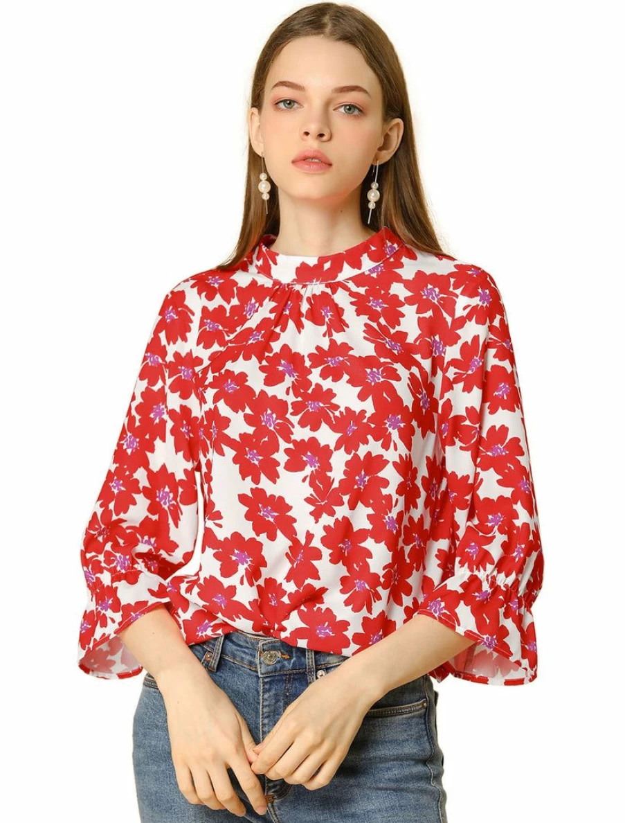 Women's Floral Print Blouse with 3/4 Sleeves, Ruffled Detail, Stand Collar, and Keyhole Back Design