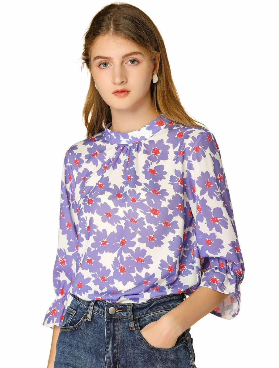 Women's Floral Print Blouse with 3/4 Sleeves, Ruffled Detail, Stand Collar, and Keyhole Back Design