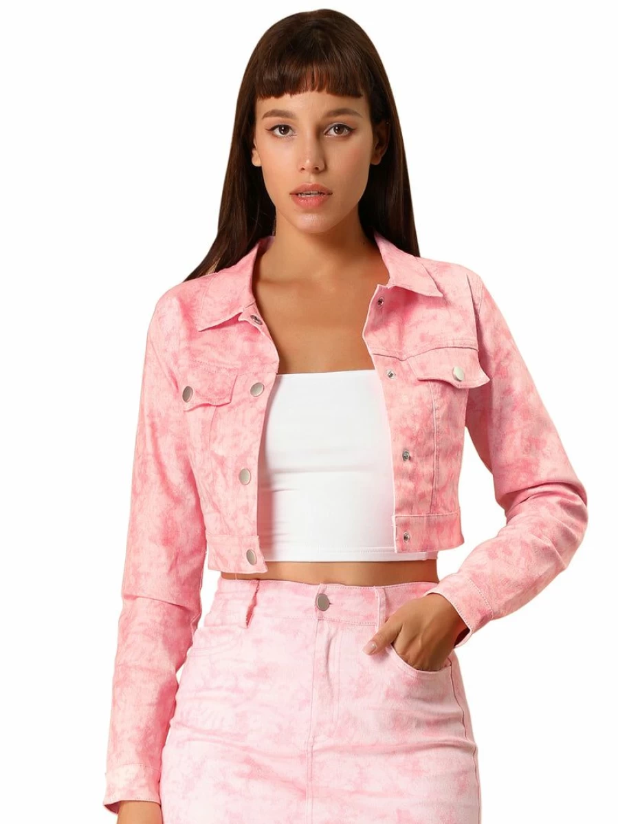 Pink Camo Crop Jacket for Women - Long Sleeve Button Down Trucker Style