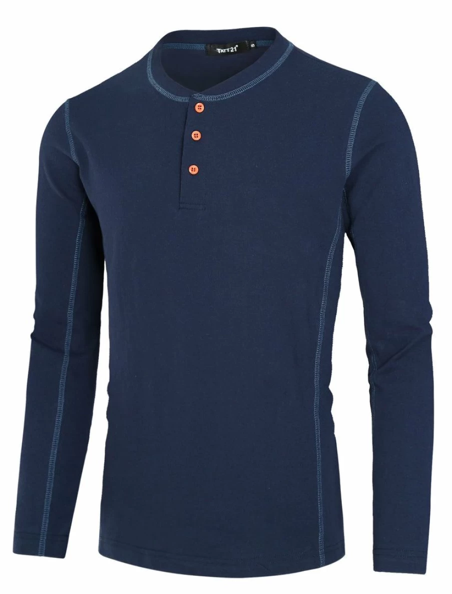 Men's Navy Blue Lightweight Casual Cotton Long Sleeve Henley T-Shirt - Comfortable Pullover Top