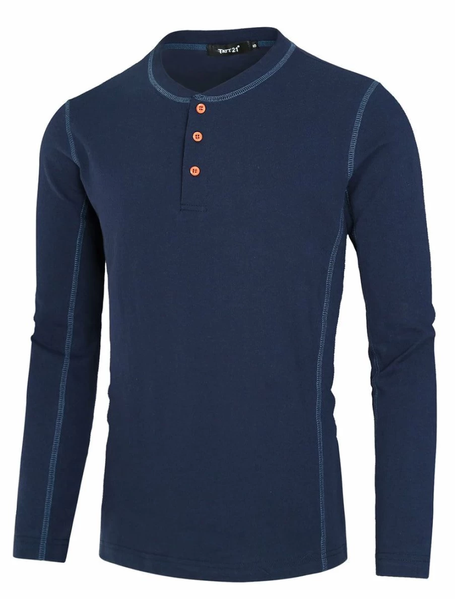 Men's Navy Blue Lightweight Casual Cotton Long Sleeve Henley T-Shirt - Comfortable Pullover Top