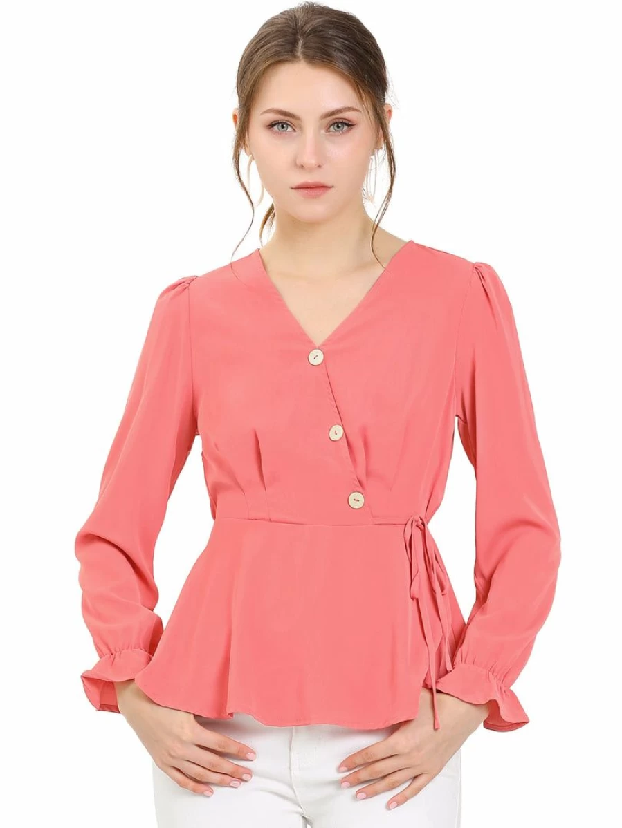 Allegra K Women's Watermelon Red V-Neck Peplum Blouse with Tie Waist and Long Sleeves for Office Work