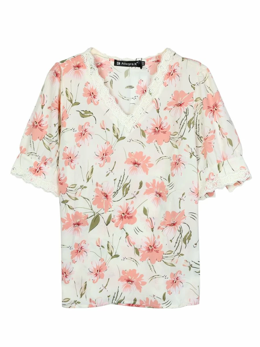 Pink Floral Lace Trim V-Neck Summer Blouse Top for Women