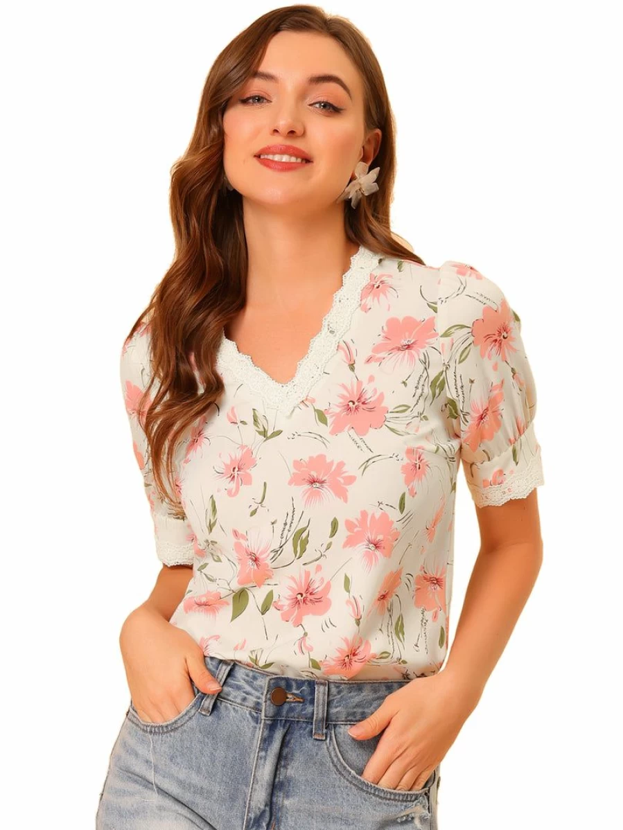 Pink Floral Lace Trim V-Neck Summer Blouse Top for Women