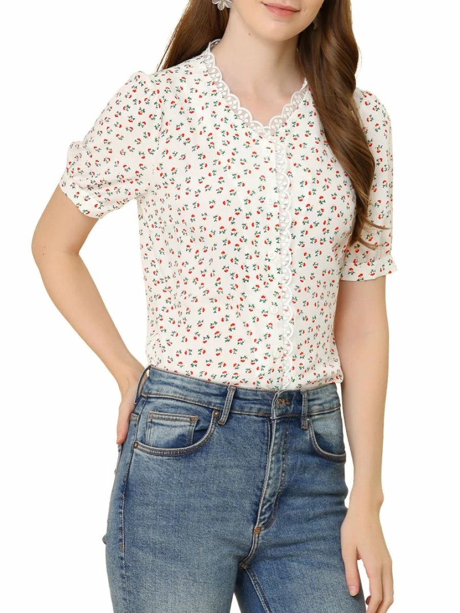 Allegra K Women's Beige & Red Floral Chiffon Blouse with Lace Ruffles and V-Neck Button-Up Design