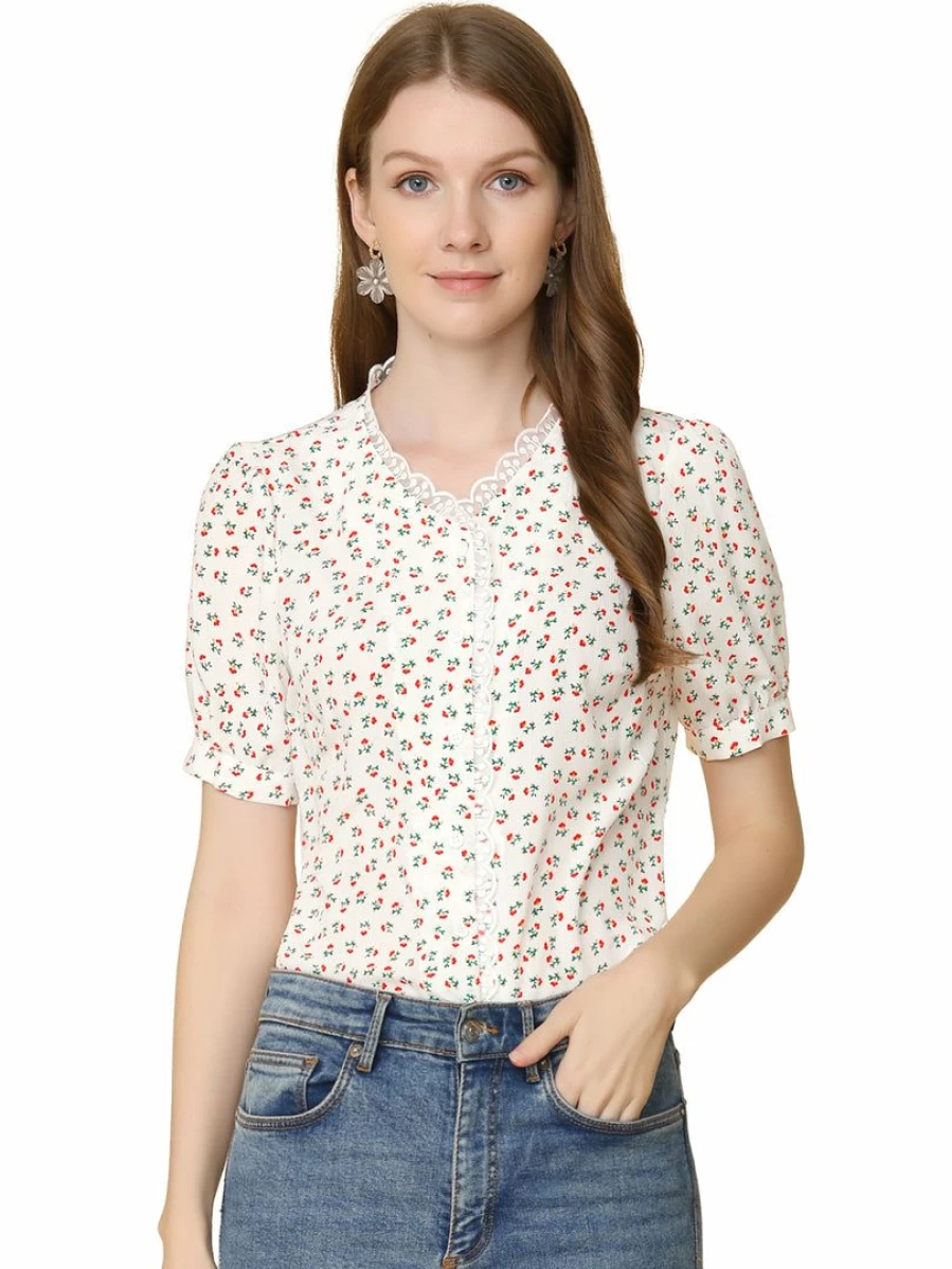 Allegra K Women's Beige & Red Floral Chiffon Blouse with Lace Ruffles and V-Neck Button-Up Design