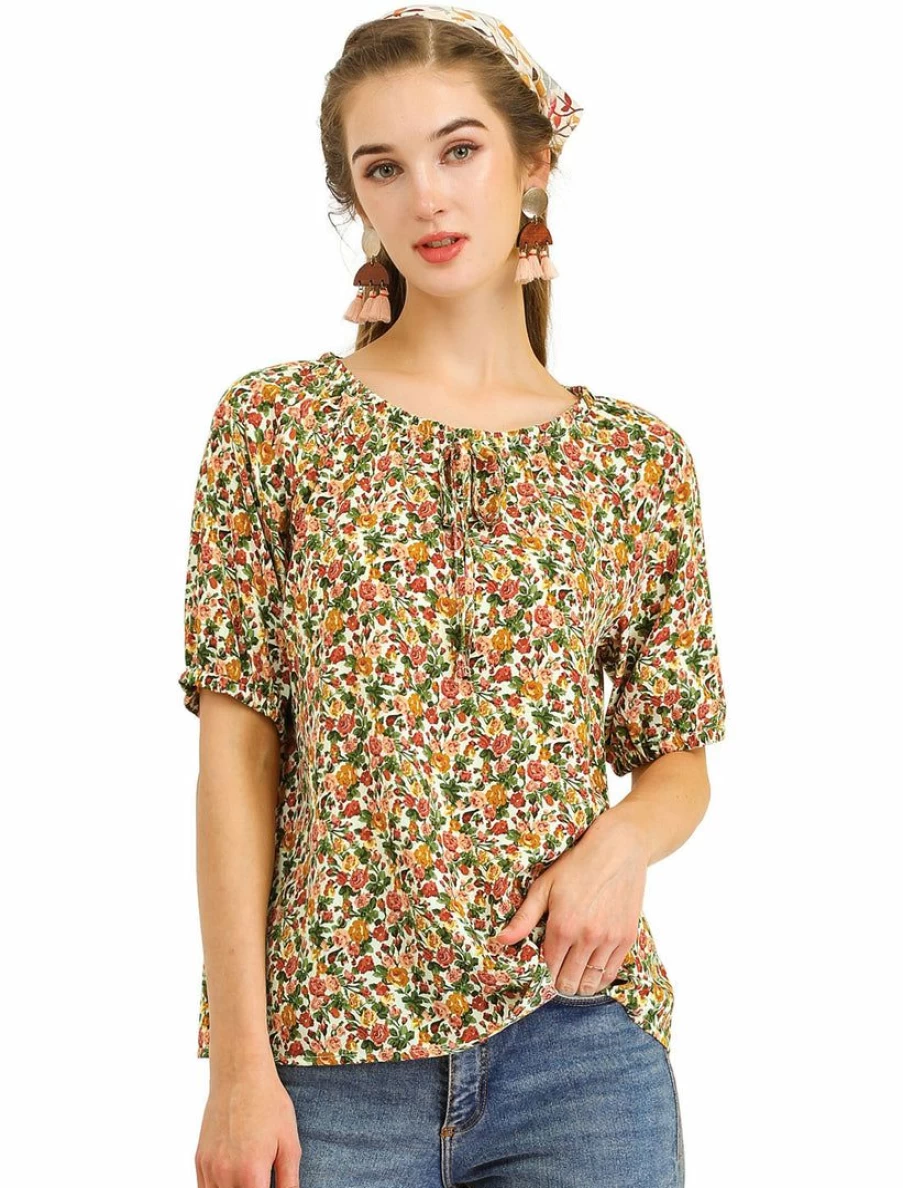 Women's Floral Print Tie Neck Blouse Casual Puff Short Sleeve Tops