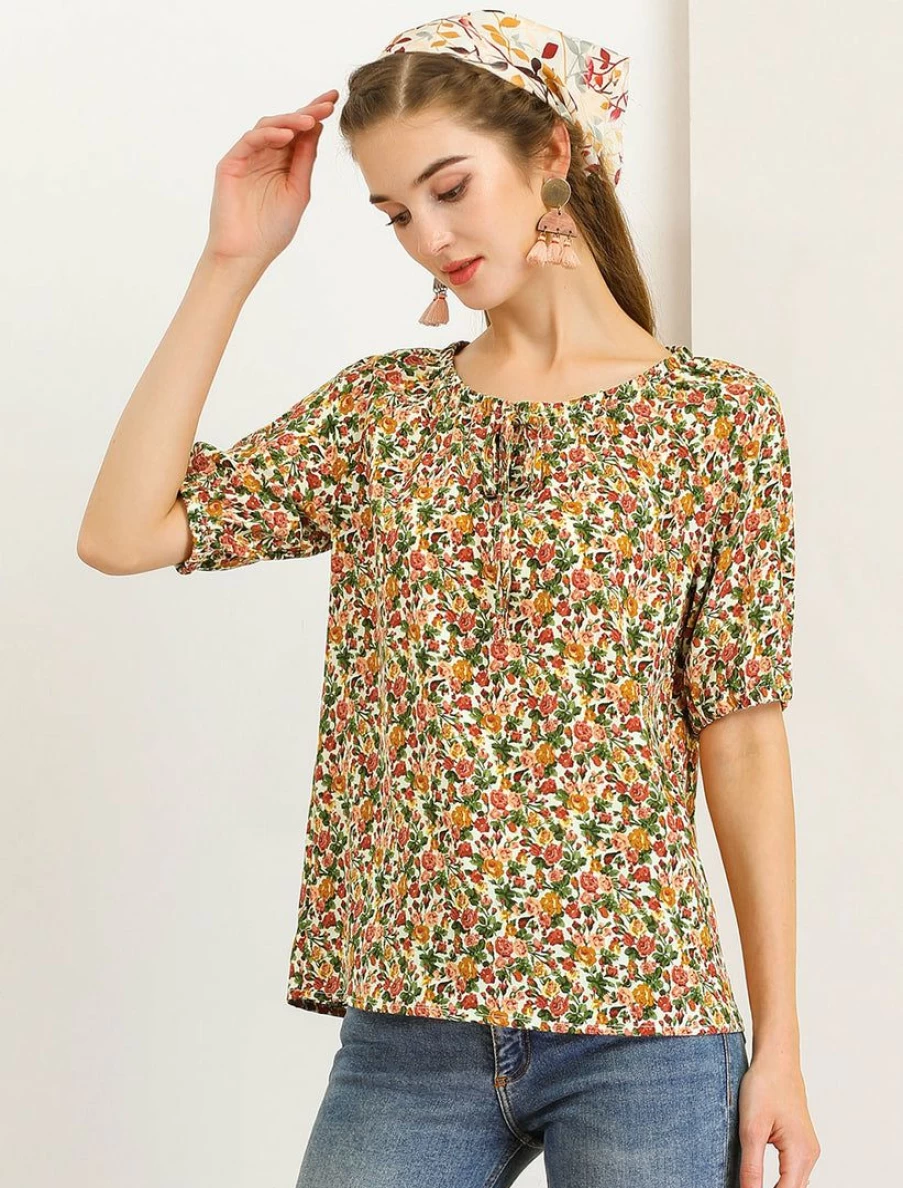 Women's Floral Print Tie Neck Blouse Casual Puff Short Sleeve Tops