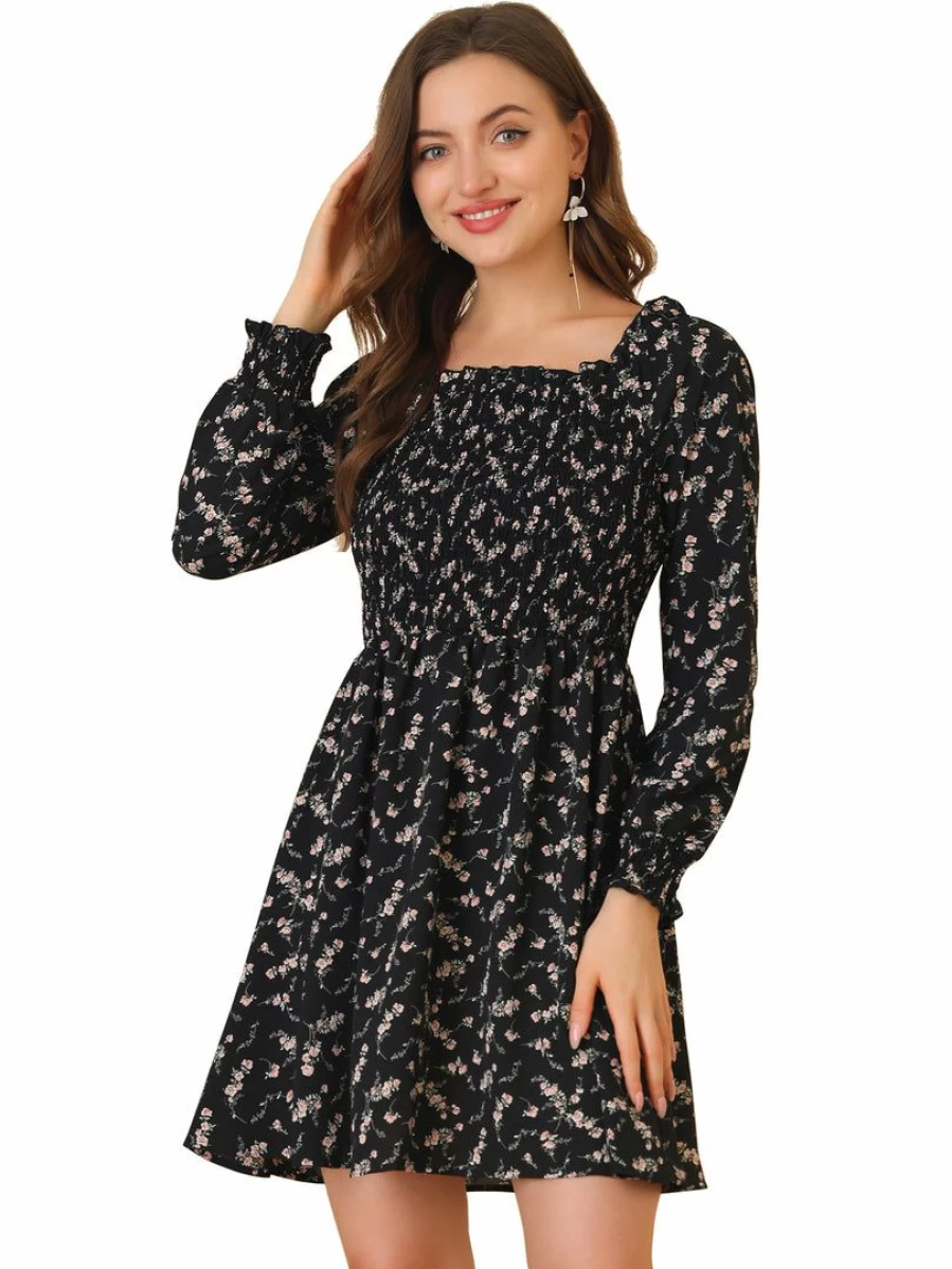 Black Floral Smocked Square Neck Long Sleeve Dress for Women