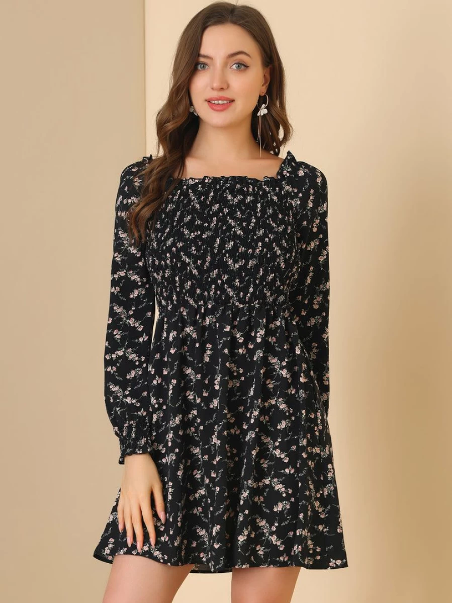 Black Floral Smocked Square Neck Long Sleeve Dress for Women