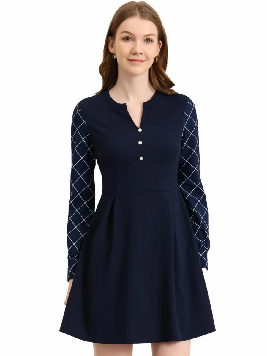 Allegra K Women's Dark Blue Elegant V-Neck Long Sleeve Plaid Fit & Flare Dress