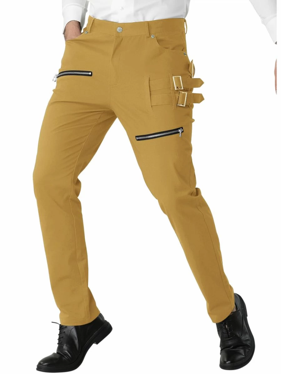 Men's Gothic Punk Rock Slim Fit Pants with Zipper, Buckle, and Patch Pockets for Casual Wear