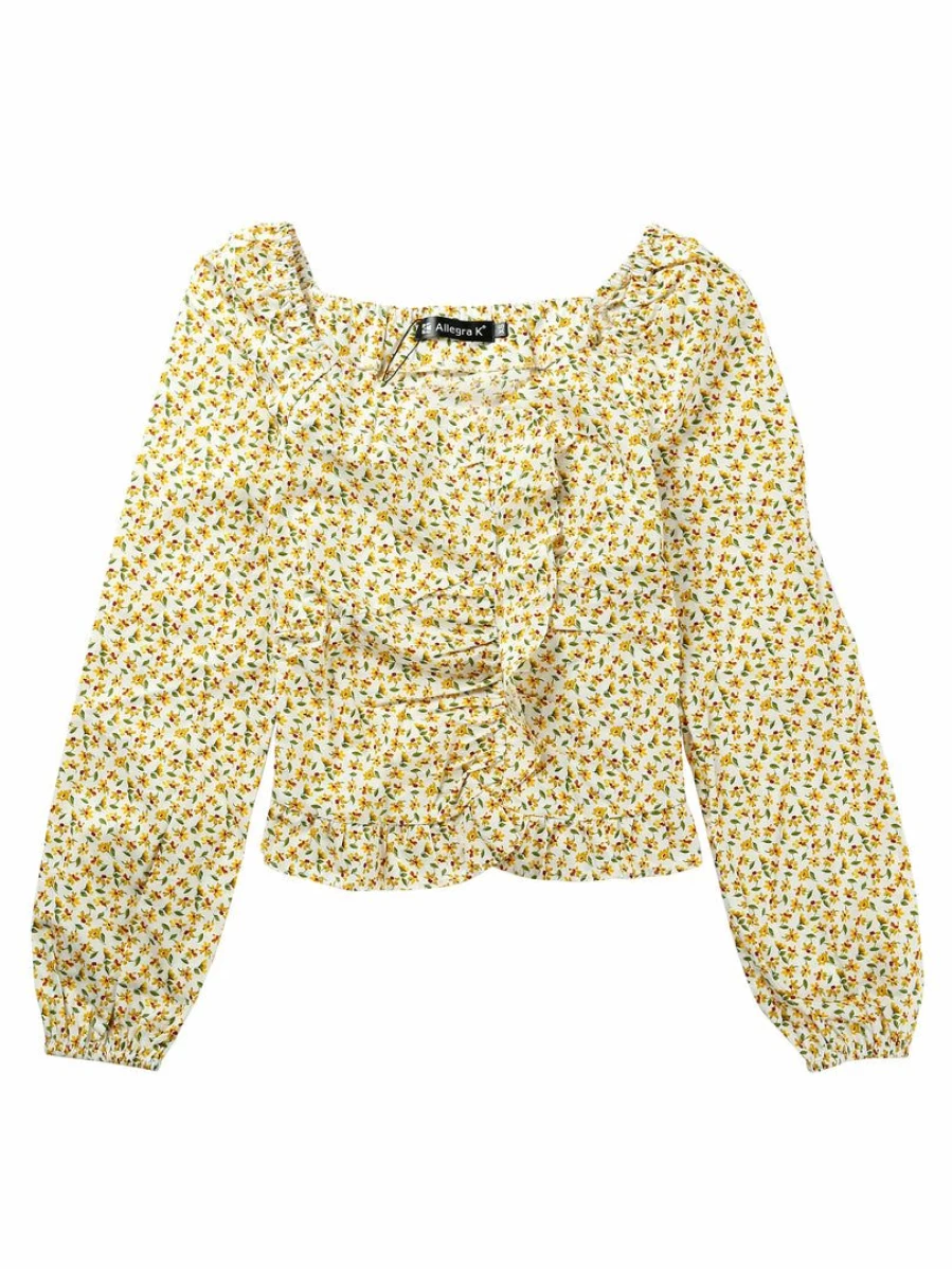 Yellow Floral Sweetheart Neck Long Sleeve Pleated Ruffle Blouse Top for Women
