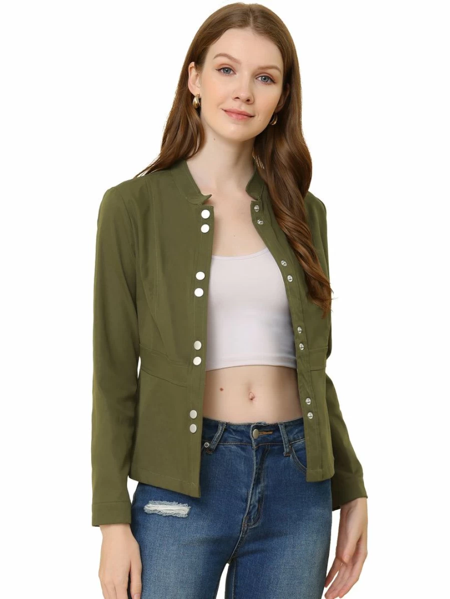Women's Green Casual Lightweight Long Sleeve Snap Front Jacket with Stand Collar
