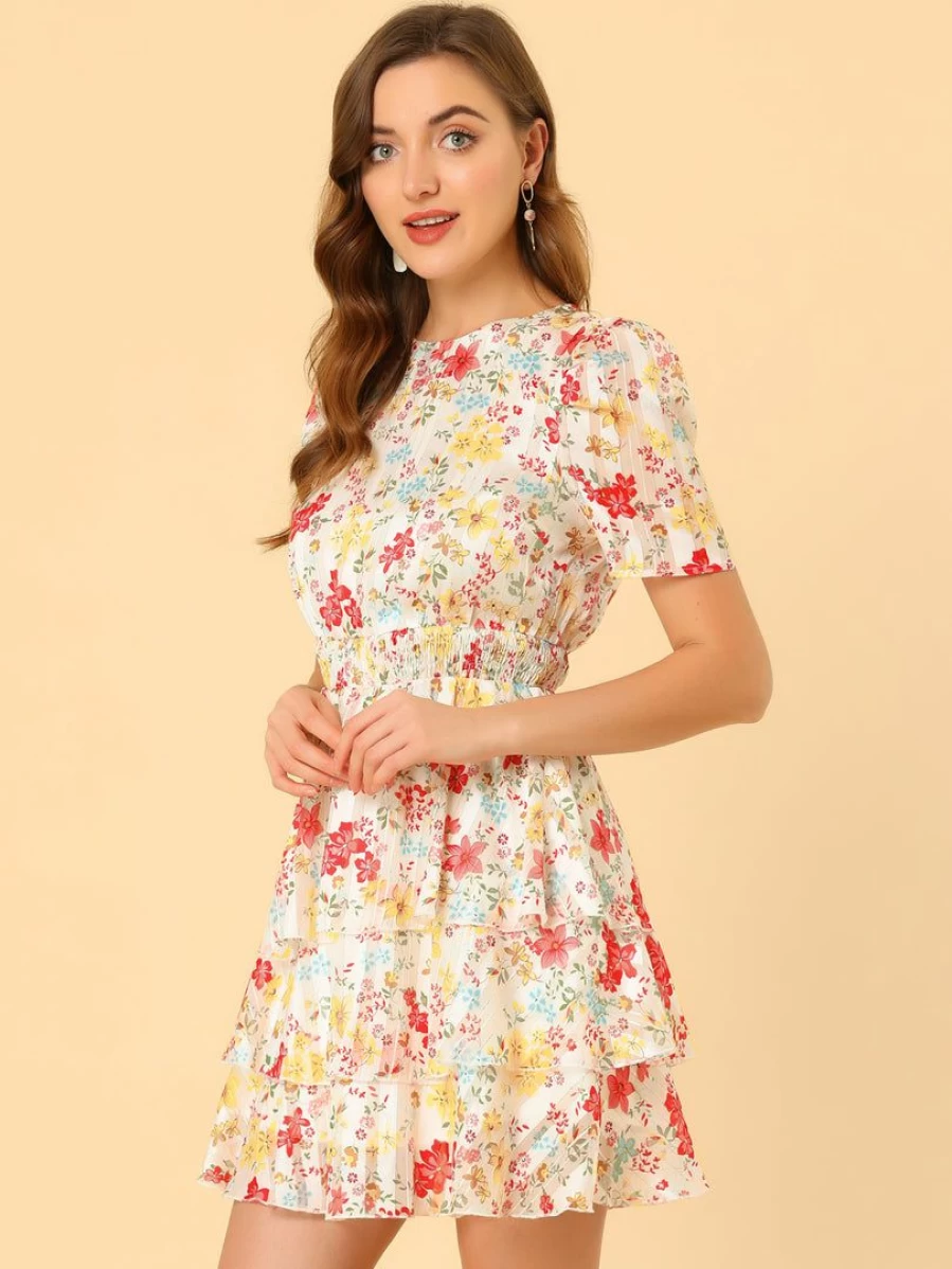White Floral Chiffon Dress with Shirred Detail for Women - Elegant Layered Design