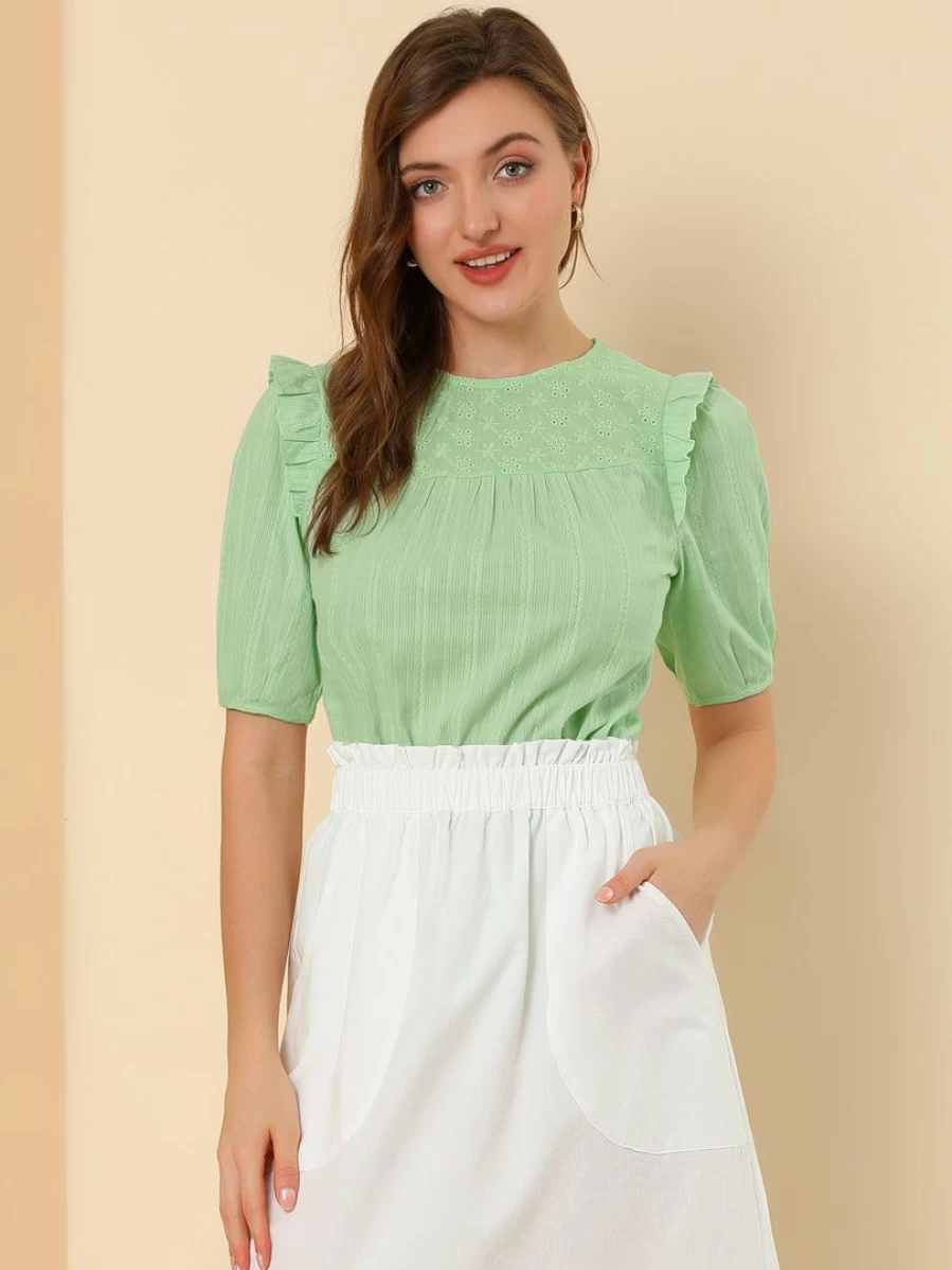 Allegra K Women's Short Sleeve Cotton Blouse with Round Neck and Frilled Detail Solid Top