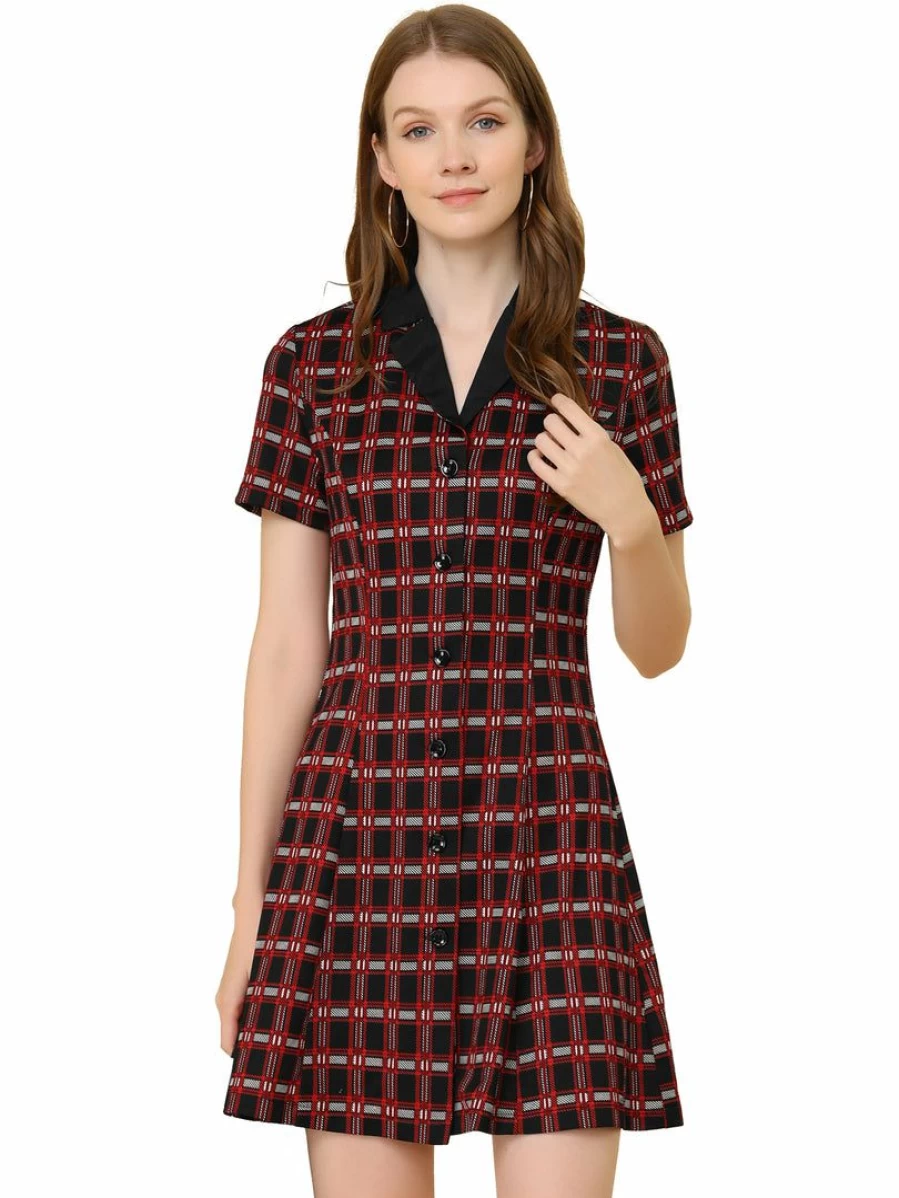 Allegra K Women's Black Red Plaid Tartan Fit & Flare Button Front Shirt Dress