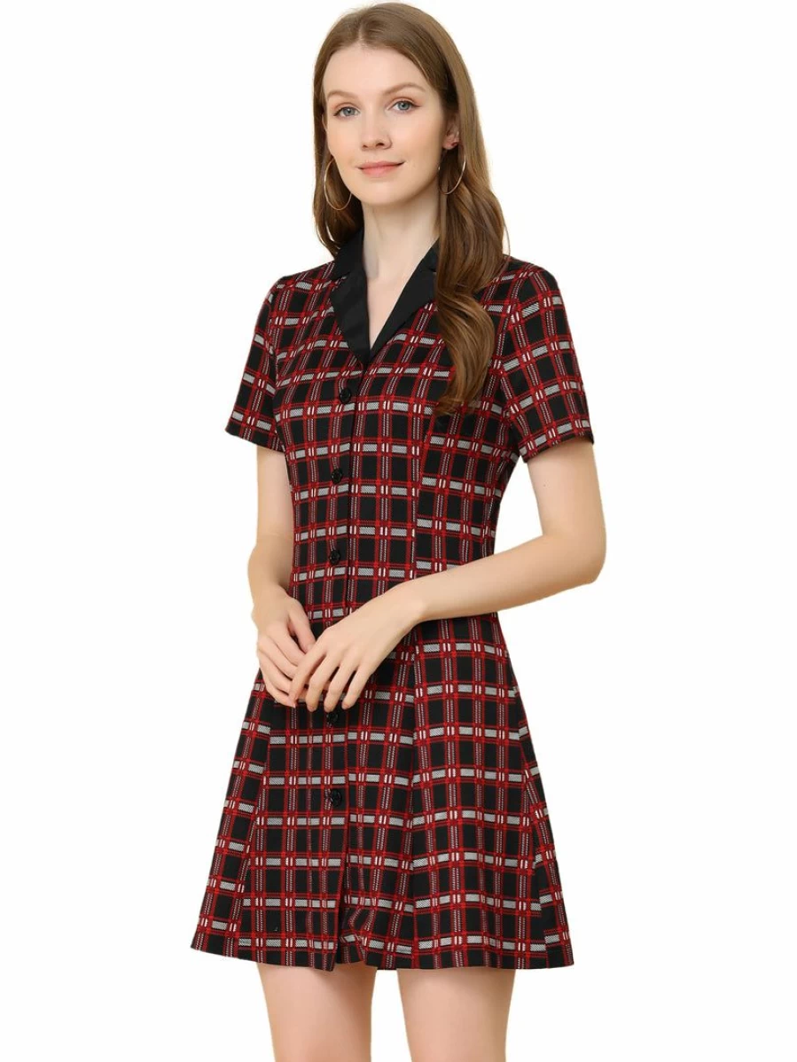 Allegra K Women's Black Red Plaid Tartan Fit & Flare Button Front Shirt Dress