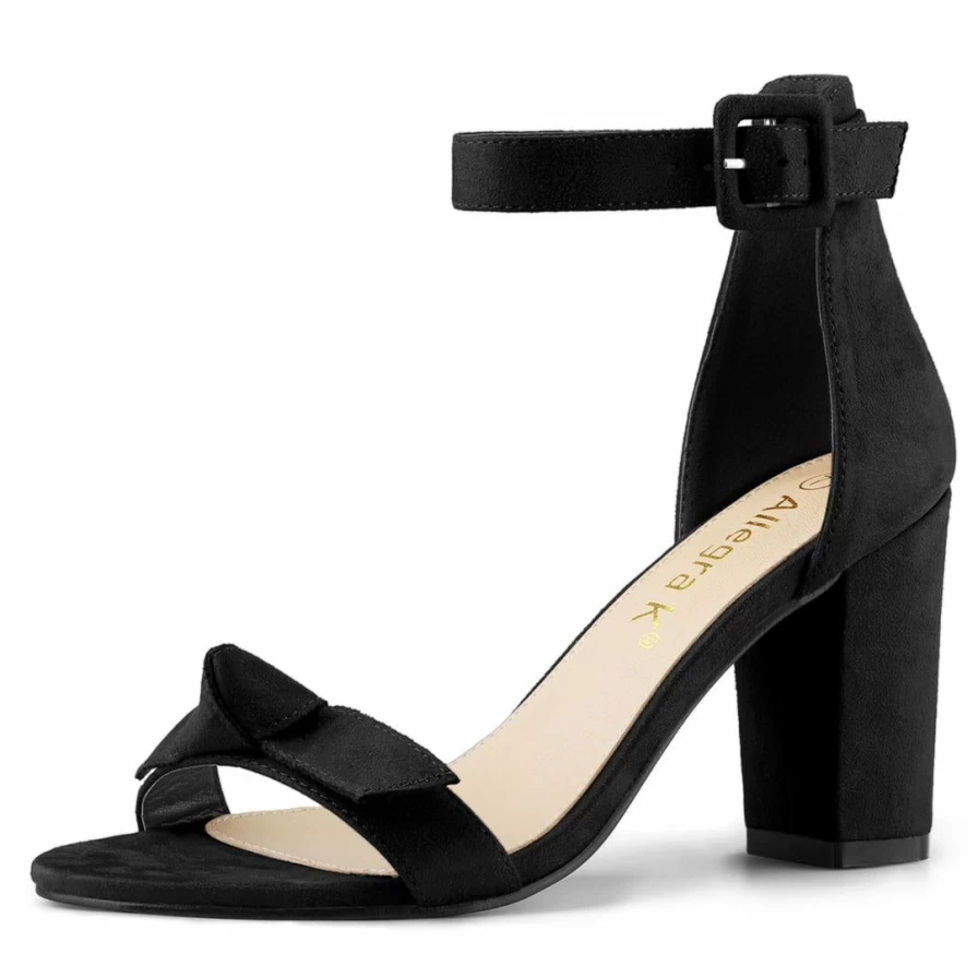 Women's Open Toe Ankle Strap Sandals with Bow Detail and Chunky Heel - Comfortable Summer Dress Shoes