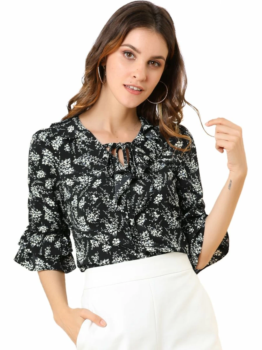 Women's Floral Ruffle Blouse with Tie-Neck and Elbow Sleeves - Casual Elegant Style