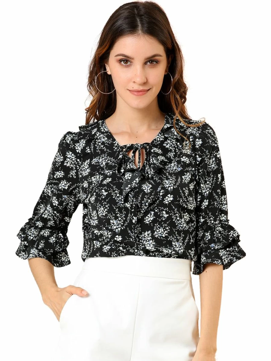 Women's Floral Ruffle Blouse with Tie-Neck and Elbow Sleeves - Casual Elegant Style